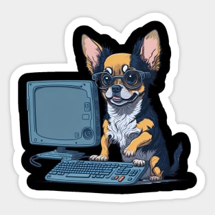 A cute Chihuahua dog is working on computer Sticker